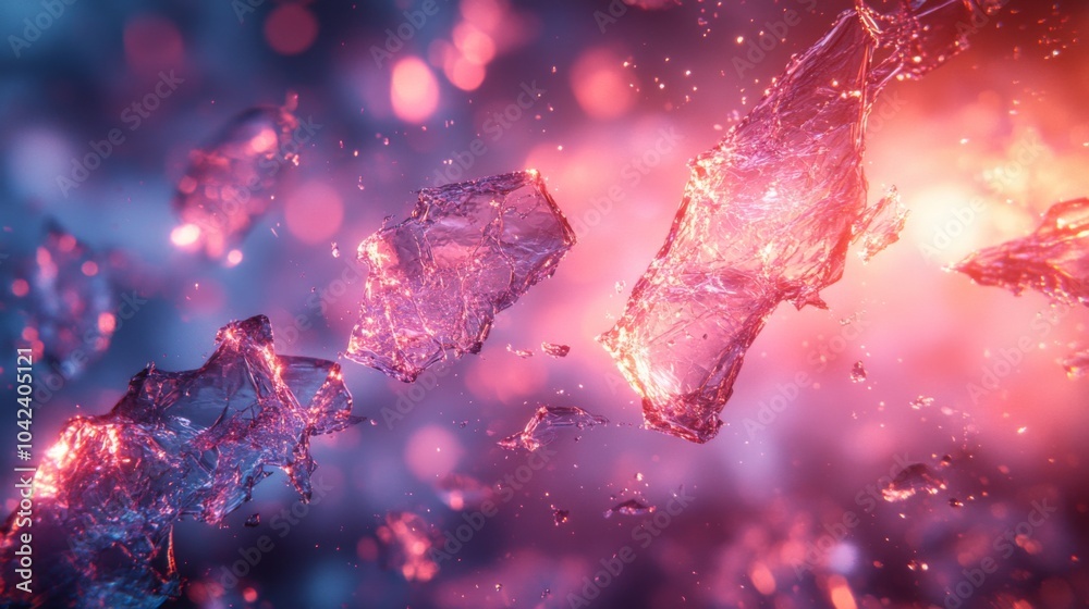 Poster shards of ice float through a colorfully lit space, reflecting hues of blue and red as light dances 