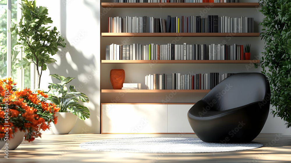 Canvas Prints Cozy reading nook with bookshelves and a modern chair.