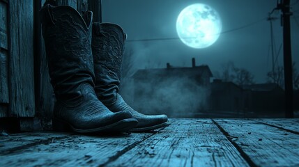 A pair of cowboy boots on a wooden porch under a vibrant moonlight, creating a mysterious and serene nighttime atmosphere.