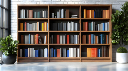A modern bookshelf filled with colorful books and plants.