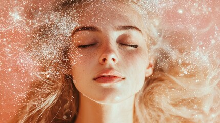 Dreamy close-up portrait of a woman with sparkles and soft lighting