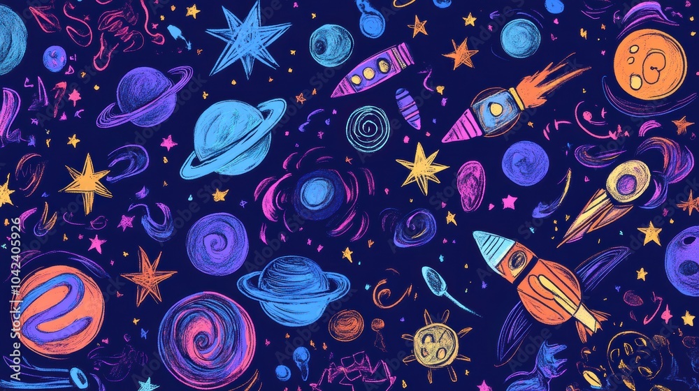 Poster a collection of whimsical cosmic doodles featuring various planets, stars, rockets, and asteroids ag