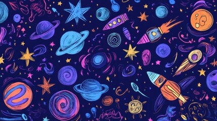 Naklejka premium A collection of whimsical cosmic doodles featuring various planets, stars, rockets, and asteroids against a dark background. Generative AI