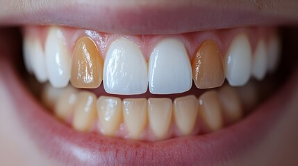 Visual time-lapse of gradual tooth whitening, showcasing the improvement in tooth color from stained to brilliant white through multiple whitening sessions
