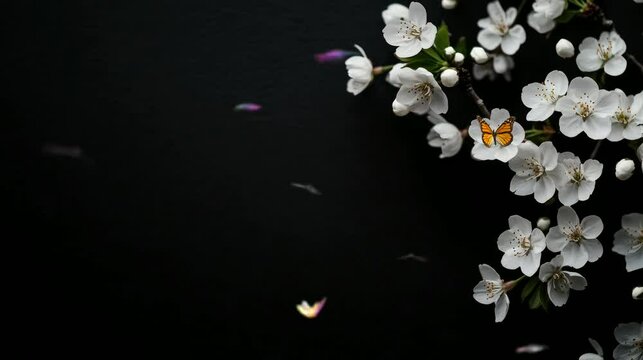 a very beautiful combination of cherry blossoms and butterflies on a black background. seamless looping time-lapse virtual 4k video Animation Background.	
