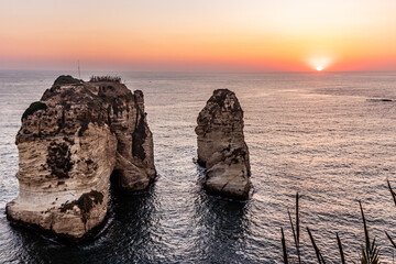 Fototapeta premium Sunset view of Pigeon Rock in Beirut, Lebanon