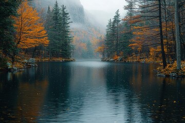 Obraz premium A Foggy Lake Surrounded by Fall Foliage and Pine Trees