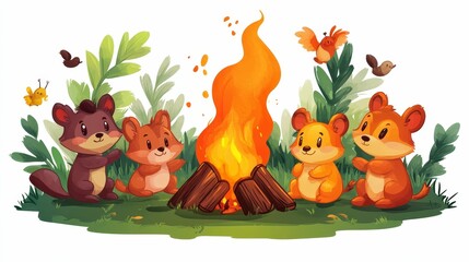 Fototapeta premium Illustration for a campfire surrounded by talking animals