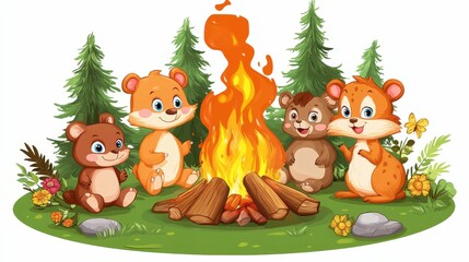 Fototapeta premium Illustration for a campfire surrounded by talking animals