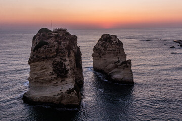 Fototapeta premium Sunset view of Pigeon (Al Raouche) Rocks in Beirut, capital of Lebanon