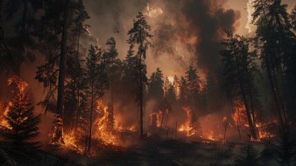 A dense forest fire burns intensely, casting a mystical glow with embers and flames through the darkened woods, showcasing nature's fury.