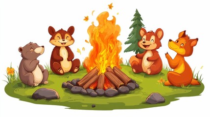 Naklejka premium Illustration for a campfire surrounded by talking animals