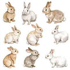 A cute bunny set featuring watercolor illustrations of funny rabbits playing with each other and exploring their surroundings. The bunnies are painted in light tones, creating a charming and whimsical