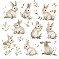 A cute bunny set featuring watercolor illustrations of funny rabbits playing with each other and exploring their surroundings. The bunnies are painted in light tones, creating a charming and whimsical