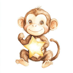 Fototapeta premium A cute monkey holding a bright star, sitting on an isolated white background. Watercolor hand-drawn illustration, ideal for a fun and cheerful children's poster or room decor.