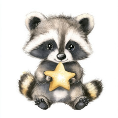 Fototapeta premium A cute raccoon holding a twinkling star, sitting on an isolated white background. Watercolor hand-drawn illustration, ideal for whimsical nursery art and fun animal designs.