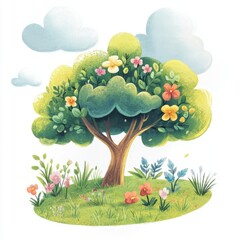 Watercolor illustration of a blooming tree with green leaves, flowers, and grass under a blue sky.