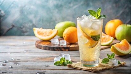 Fototapeta premium Refreshing summer drink with lemonade, citrus fruits, and ice cubes