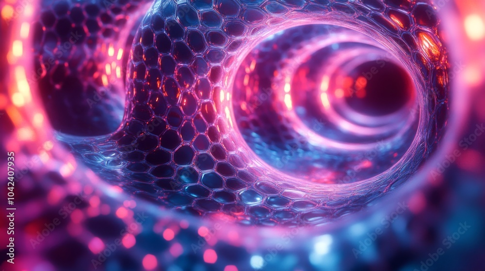 Poster This artwork displays an intricate, glowing hexagonal tunnel with vibrant colors and patterns, creating a captivating atmosphere. The light refracts beautifully, enhancing the depth.