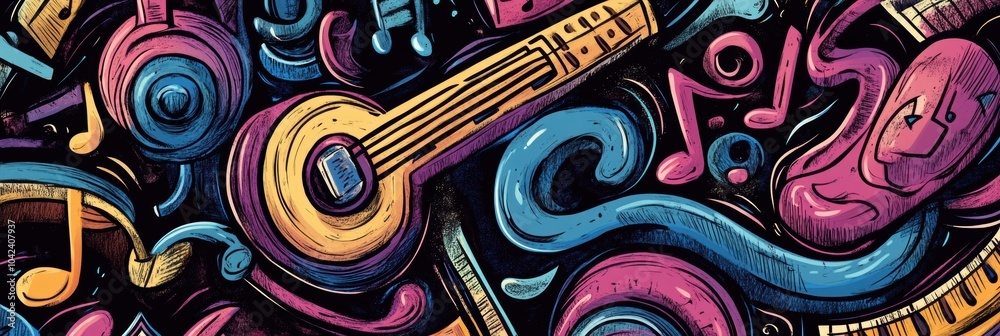 Poster colorful doodles depict various musical elements like instruments, sound waves, and notes, celebrati