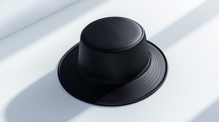 Black bucket hat mockup viewed from above, floating with no gravity on a white surface, soft shadow underneath for realism, minimalist and sharp