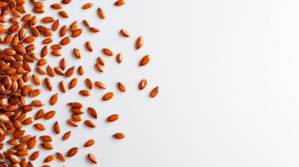 Flax seeds arranged in an artistic pattern on a clean white background, rich earthy tones contrasting against the bright backdrop, minimal and elegant