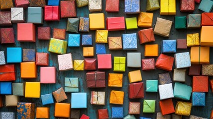 Colorful small gift boxes of various sizes are neatly arranged on a rustic wooden table, perfect for any festive occasion. Generative AI