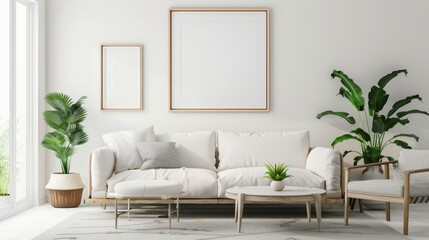 Fototapeta premium Minimalist living room interior with a white sofa, two framed pictures, a coffee table and two plants.