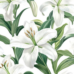 Fototapeta premium Seamless pattern of elegant white lilies, delicately hand-drawn in watercolor. The floral design features beautiful lilies with lush green leaves, creating a peaceful and refined botanical background,