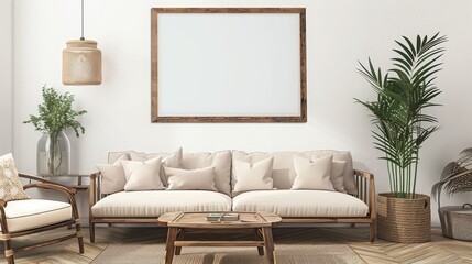 Fototapeta premium A modern living room with a neutral color palette featuring a white sofa, a wooden coffee table and a large framed canvas.
