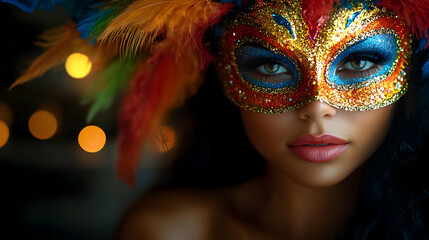 Mysterious Woman Wearing a Colorful Mask with Feathers