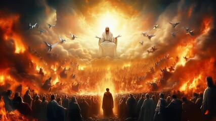 Jesus Christ is sitting on a throne in the clouds as angels battle demons in a fiery sky above a massive crowd of people
