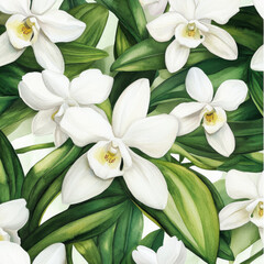 Obraz premium Watercolor seamless pattern featuring white orchids, their elegant petals and lush green leaves creating a refined floral design. This botanical background is perfect for high-end stationery, wedding