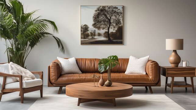 This chic living room combines a round wooden coffee table, white sofa, and brown leather armchair for a glamorous, modern look.