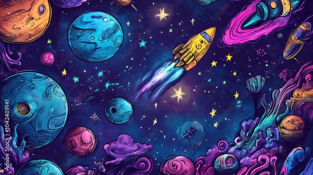 Poster colorful cosmic doodles feature planets, rockets, and stars, creating an imaginative celestial journ