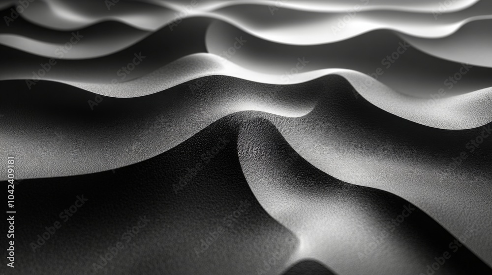 Poster Smooth black waves create an abstract composition with gentle curves and soft shadows, showcasing a minimalist design and texture.