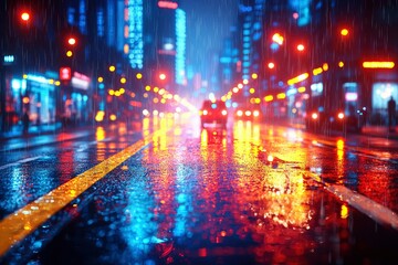 City Street at Night with Rain and Blurred Lights