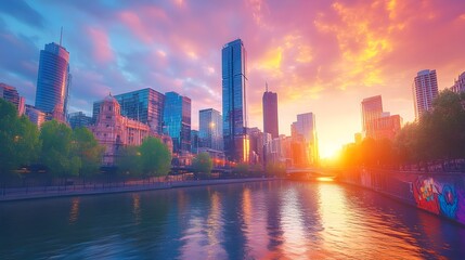 Fototapeta premium Retro-futuristic city skyline, sleek glass towers glimmering against a pink-orange sky, with bold street art at the base narrating the city's pulse.