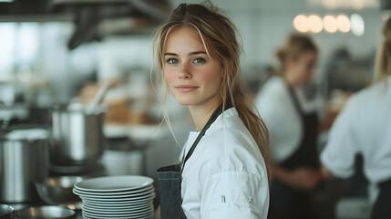 A young chef in a kitchen, preparing for service with plates.