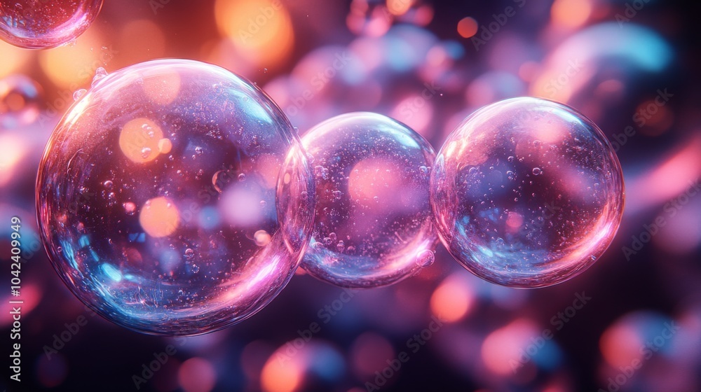 Aufkleber Bubbles of various sizes drift in a mesmerizing abstract environment filled with vivid colors and twinkling light reflections, creating an enchanting atmosphere.