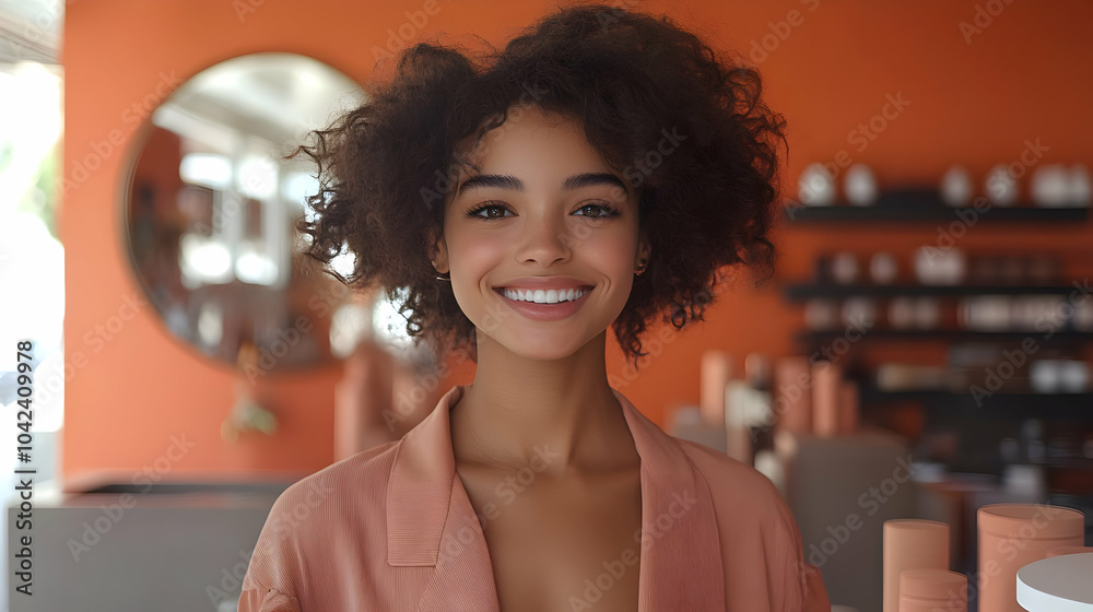 Wall mural A smiling woman in a stylish setting with warm colors.