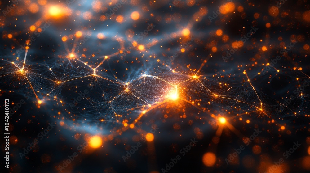 Poster A stunning display of glowing orange particles interconnected by delicate lines against a dark backdrop, symbolizing energy and communication in the universe.