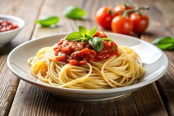 Delicious pasta and spaghetti with tomato sauce in plate on white background