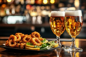 a plate of food and two glasses of beer