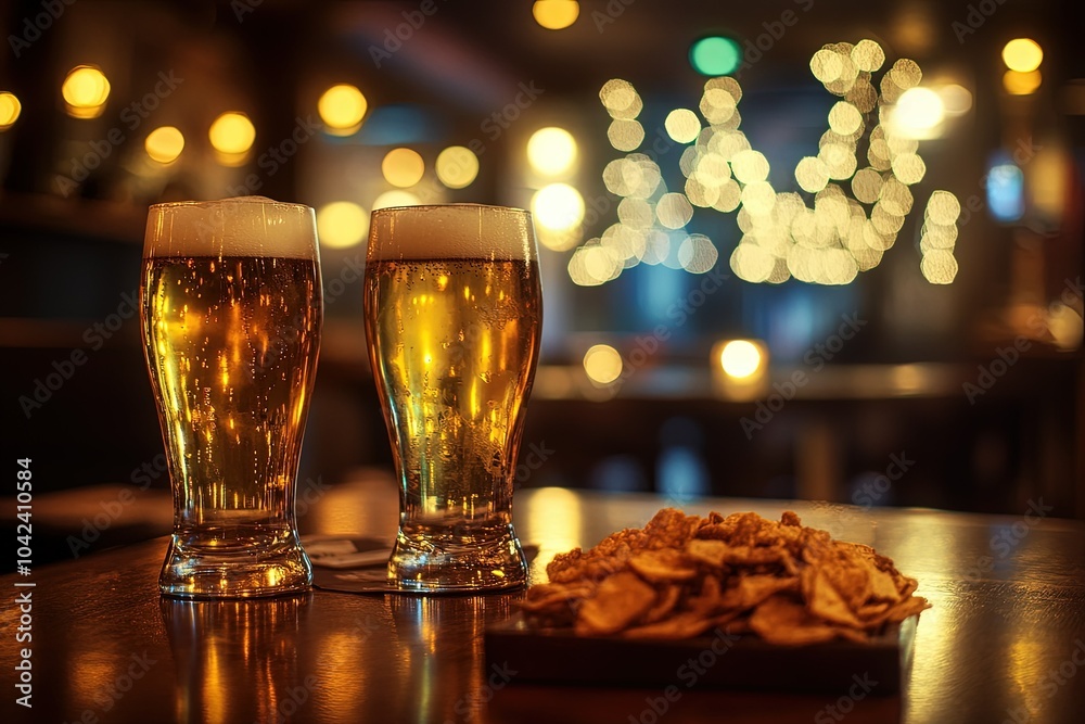 Wall mural a couple of glasses of beer sitting on top of a table