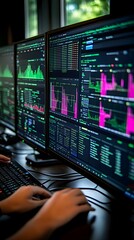 Multiple computer screens displaying data analytics and stock market graphs.