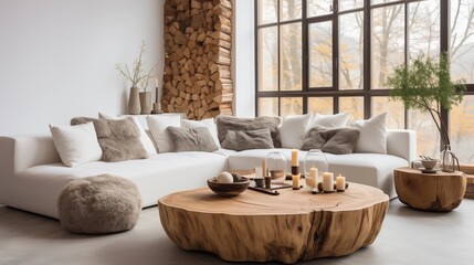 Scandinavian living room with rustic tree stump coffee table, white sofa, and minimalist modern decor.