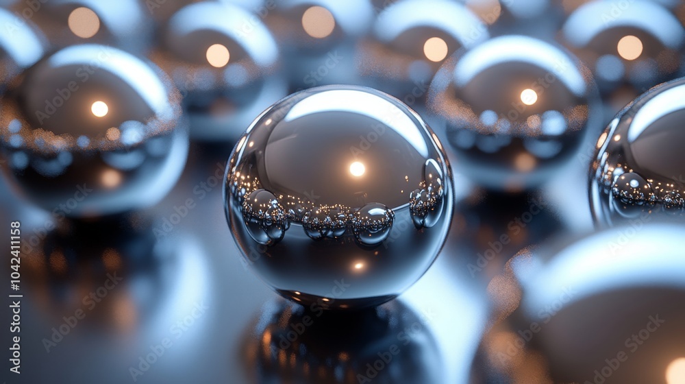 Aufkleber Numerous glossy metallic spheres are arranged on a reflective surface, capturing and reflecting soft lights in an artistic indoor setting, creating a mesmerizing visual effect.