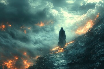 A lone figure walks towards a fiery sky amidst a sea of clouds.