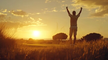 Action-packed moment of a golfer cheering as their ball spins towards the pin, perfectly lined up on a smooth, vibrant golf course, sun setting behind them